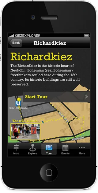 KiezExplorer on an iPhone, showing the Richardkiez tour