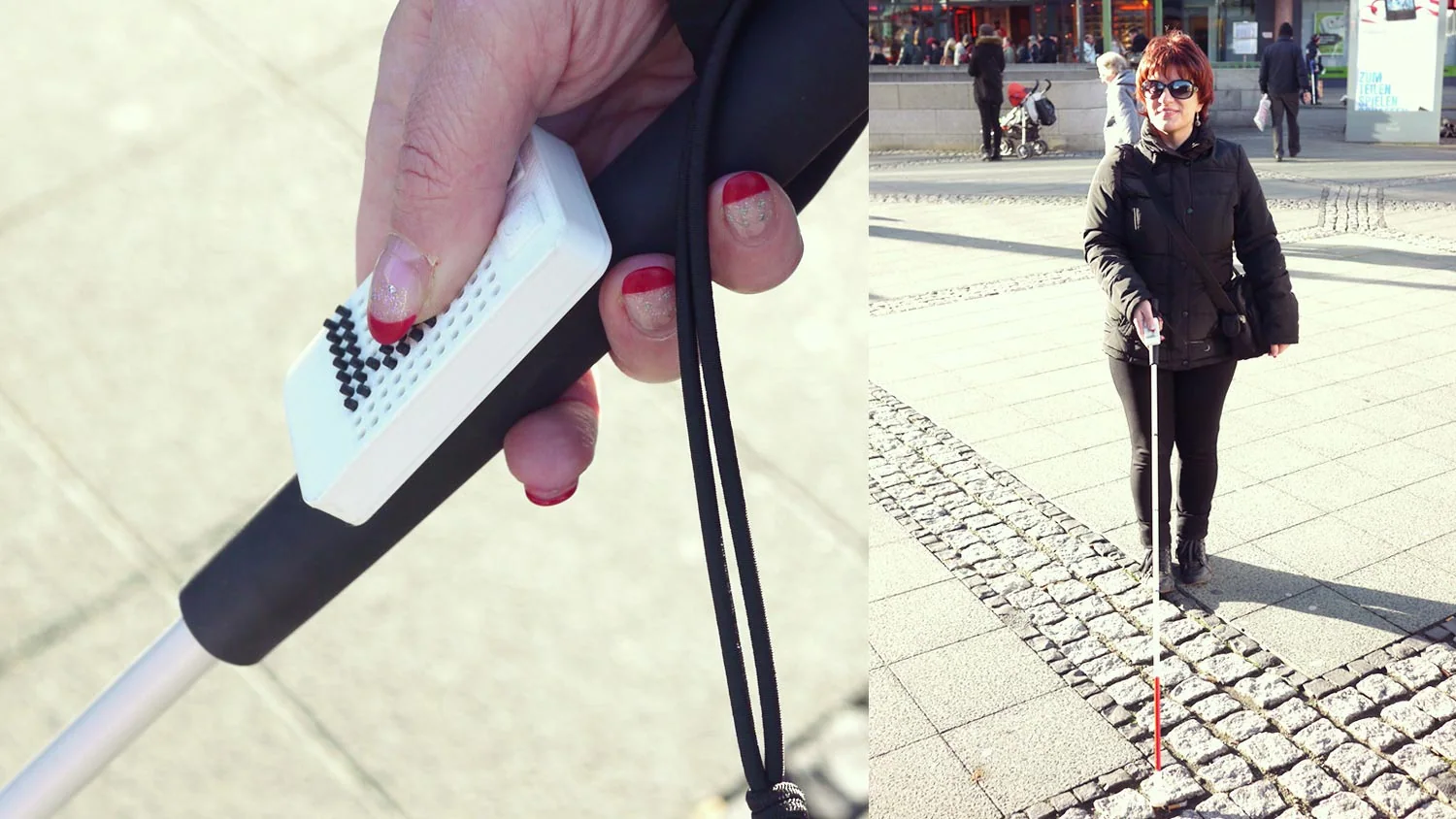 Silja Korn testing an early BlindMaps prototype on a Berlin street