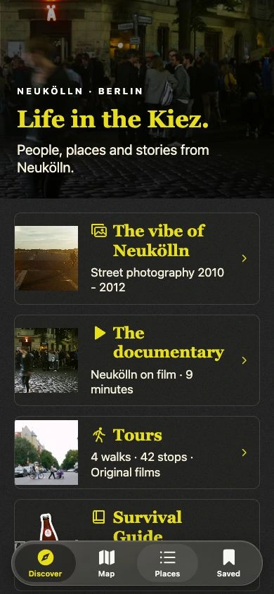 KiezExplorer’s mobile web app: Life in the Kiez, with photography, documentary, tours and bottom navigation