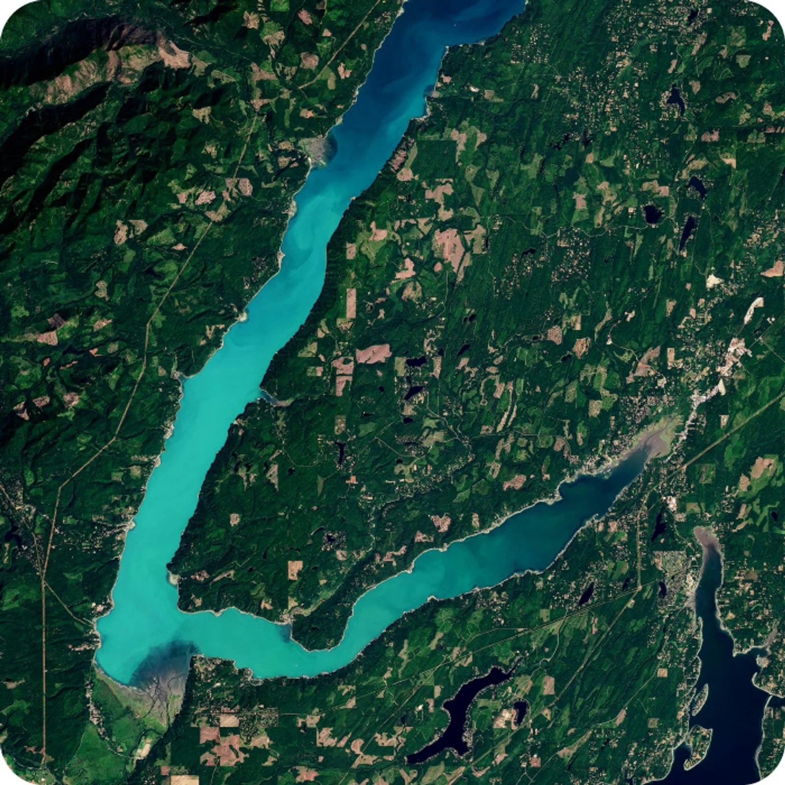 Satellite view of Hood Canal, Washington, showing forest, farmland, and water