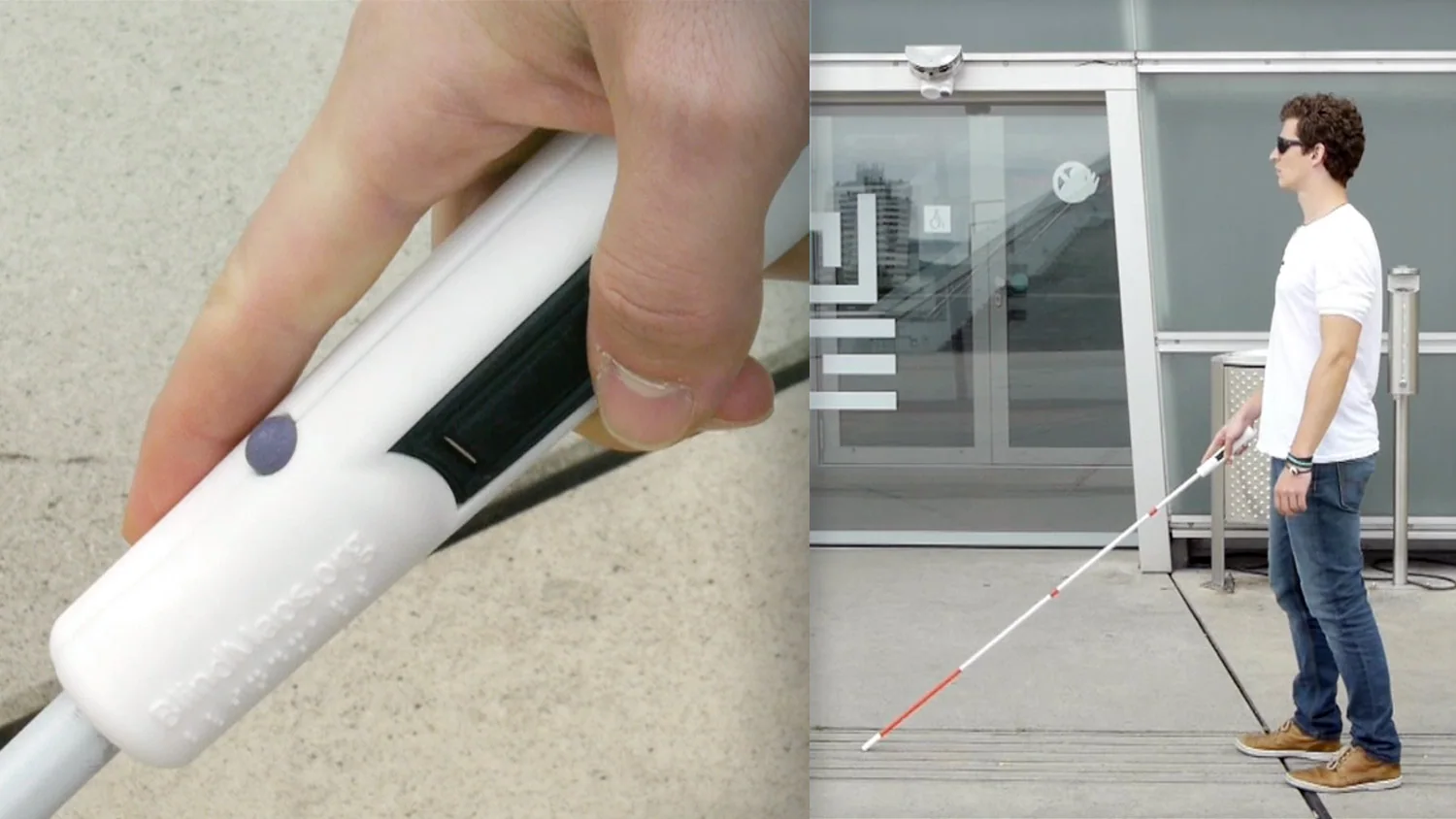 A person using the connected BlindMaps cane grip outdoors