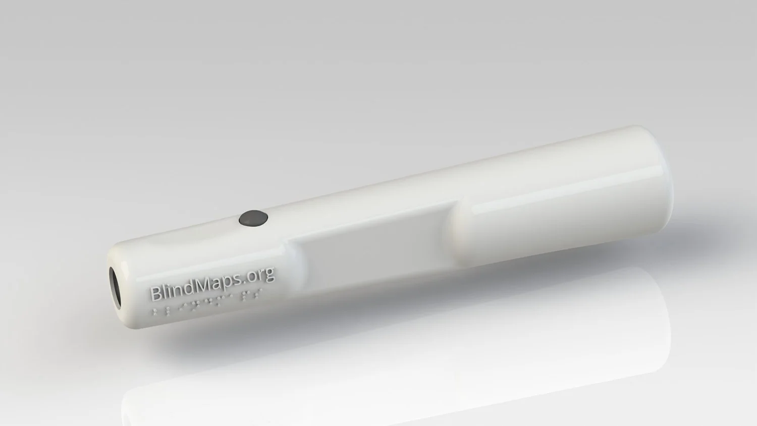 Rendering of the BlindMaps white-cane grip with a button and tactile feedback area